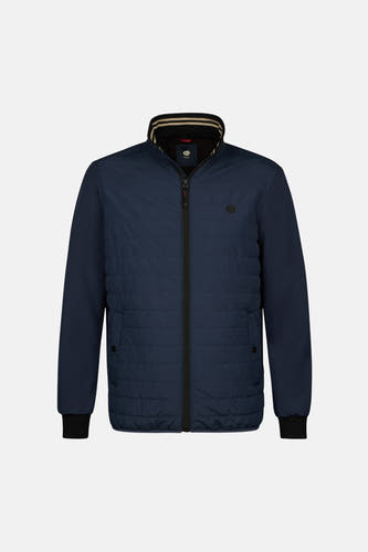 Blauwe korte jas van Petrol Industries®, met gewatteerd voorpand en zwarte ribgebreide boorden.