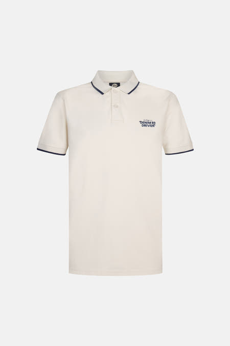 Polo écru à manches courtes de Petrol Industries, avec des accents bleu marine sur la en et les manches.