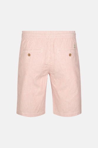 Roze gestreepte short van Petrol Industries® met elastische tailleband en twee achterzakken met knopen, rugaanzicht.