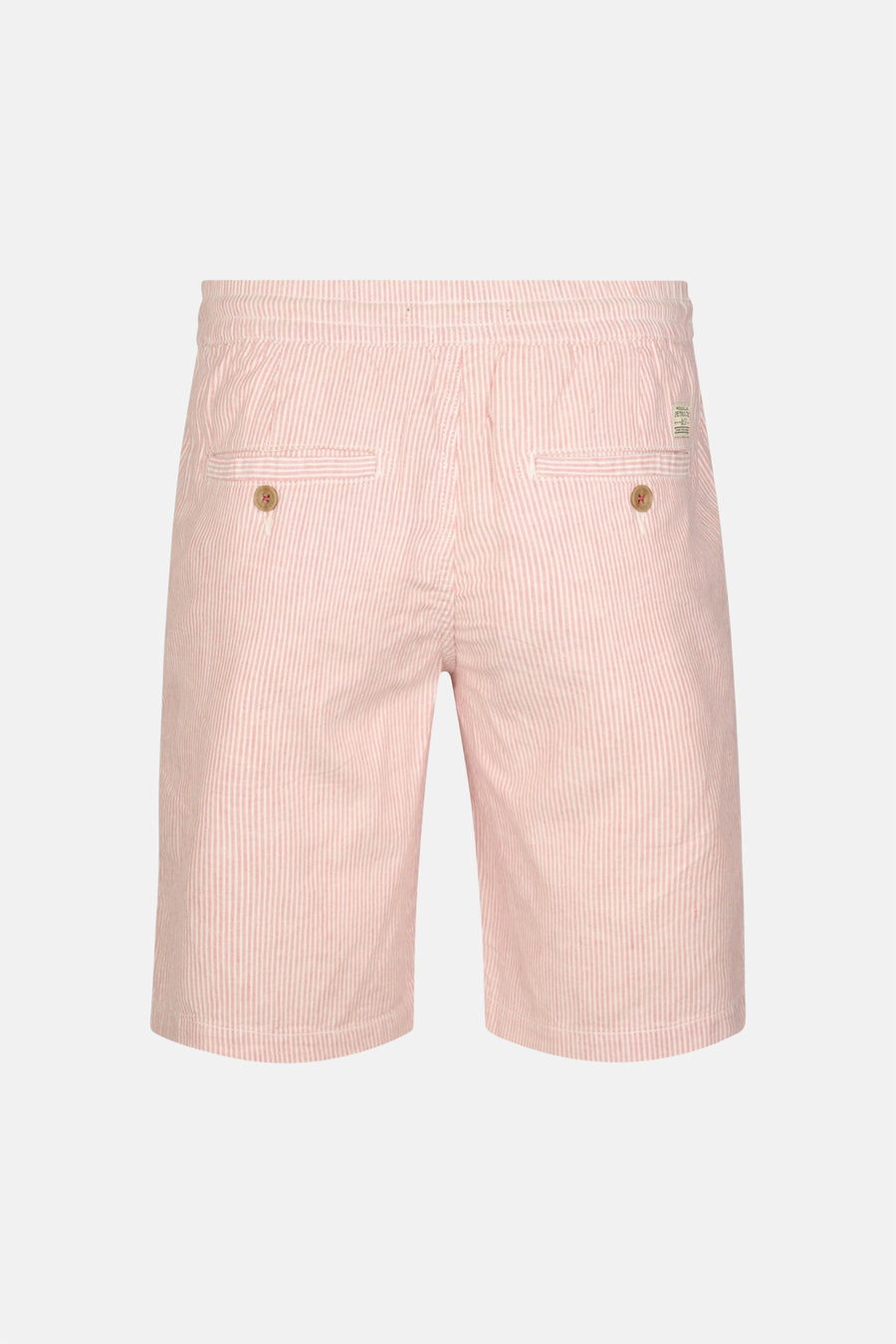 Roze gestreepte short van Petrol Industries® met elastische tailleband en twee achterzakken met knopen, rugaanzicht.