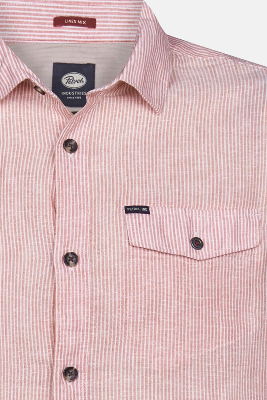 Roze linnenmix overhemd van Petrol Industries met verticale strepen en een borstzak.