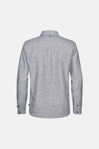 Blauw gestreept overhemd met lange mouwen van Petrol Industries, met knopen en achterkant in beeld.
