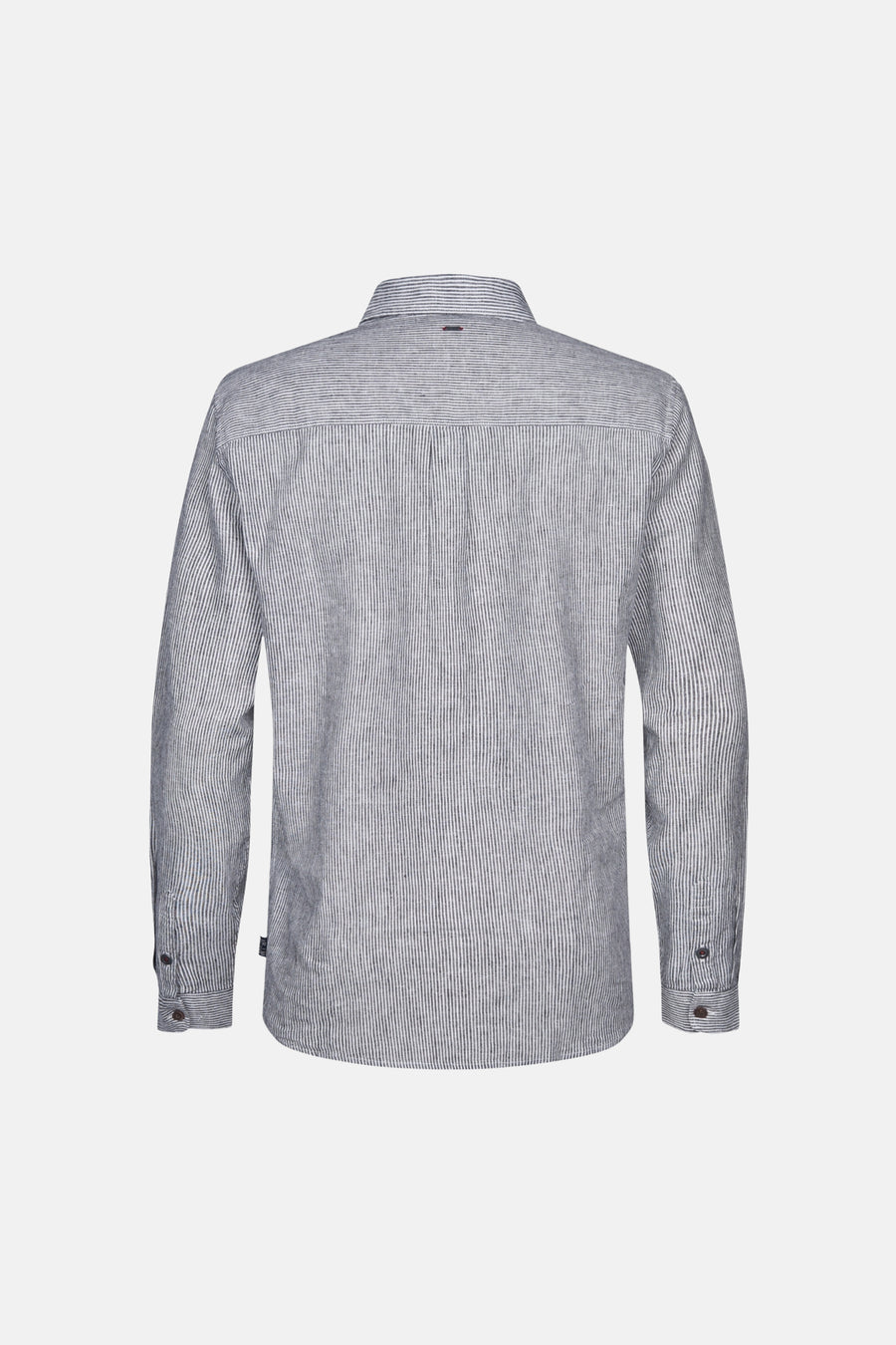 Blauw gestreept overhemd met lange mouwen van Petrol Industries, met knopen en achterkant in beeld.
