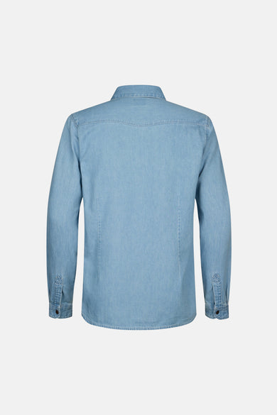 Jeans jas van lichtblauw denim van Petrol Industries, achterkant weergegeven, met lange mouwen en knoopsluitingen.