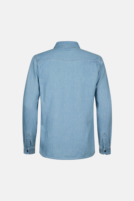 Jeans jas van lichtblauw denim van Petrol Industries, achterkant weergegeven, met lange mouwen en knoopsluitingen.