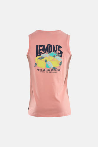Roze tanktop van Petrol Industries® met een print van citroenen en de tekst "Lemons" op de rug.