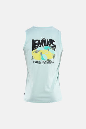 Groene tanktop van Petrol Industries, met 'Lemons' print en citroenmotief op de rug.
