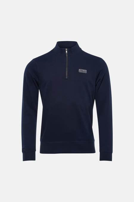 Pull bleu à col rond de Petrol Industries, avec une fermeture éclair courte et un logo sur la poitrine.