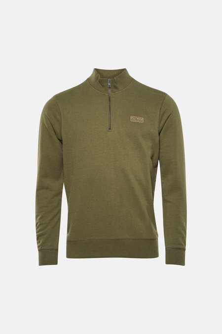 Pull vert à col rond de Petrol Industries, avec une fermeture éclair courte et un logo de marque sur la poitrine.