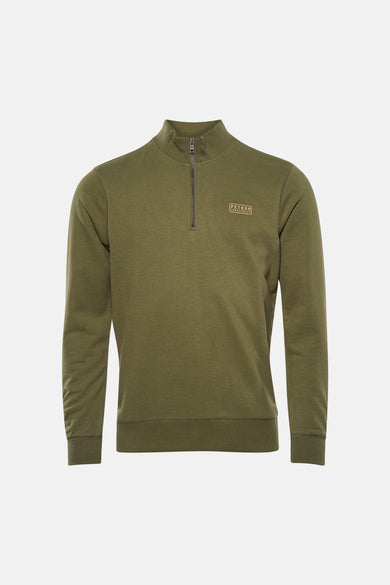 Pull vert à col rond de Petrol Industries, avec une fermeture éclair courte et un logo de marque sur la poitrine.