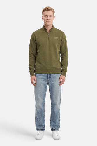 Groene sweater met ronde hals van Petrol Industries, met een korte rits en logo op de borst.