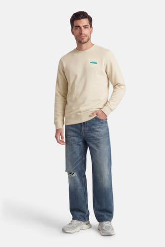 Multikleurige sweater met ronde hals van Petrol Industries, met een logo op de borst en gedragen met jeans en sneakers.
