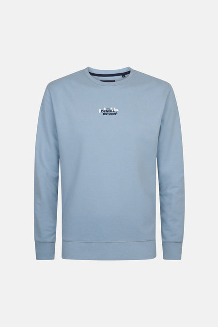 Blauwe sweater met ronde hals van Petrol Industries, met klein logo op de borst.