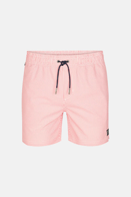 Short de bain rose de Petrol Industries, avec des rayures blanches, une poche arrière et un cordon de serrage à la taille.