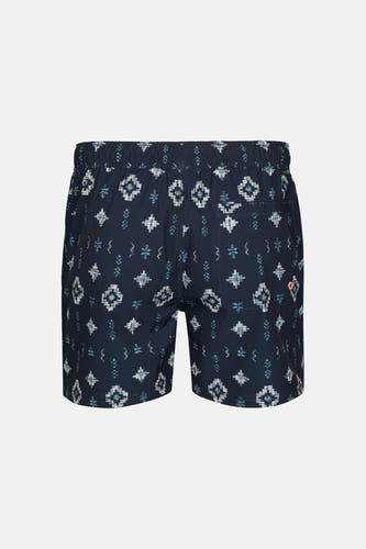 Blauwe zwemshort van Petrol Industries® met een geometrisch patroon en een achterzak.