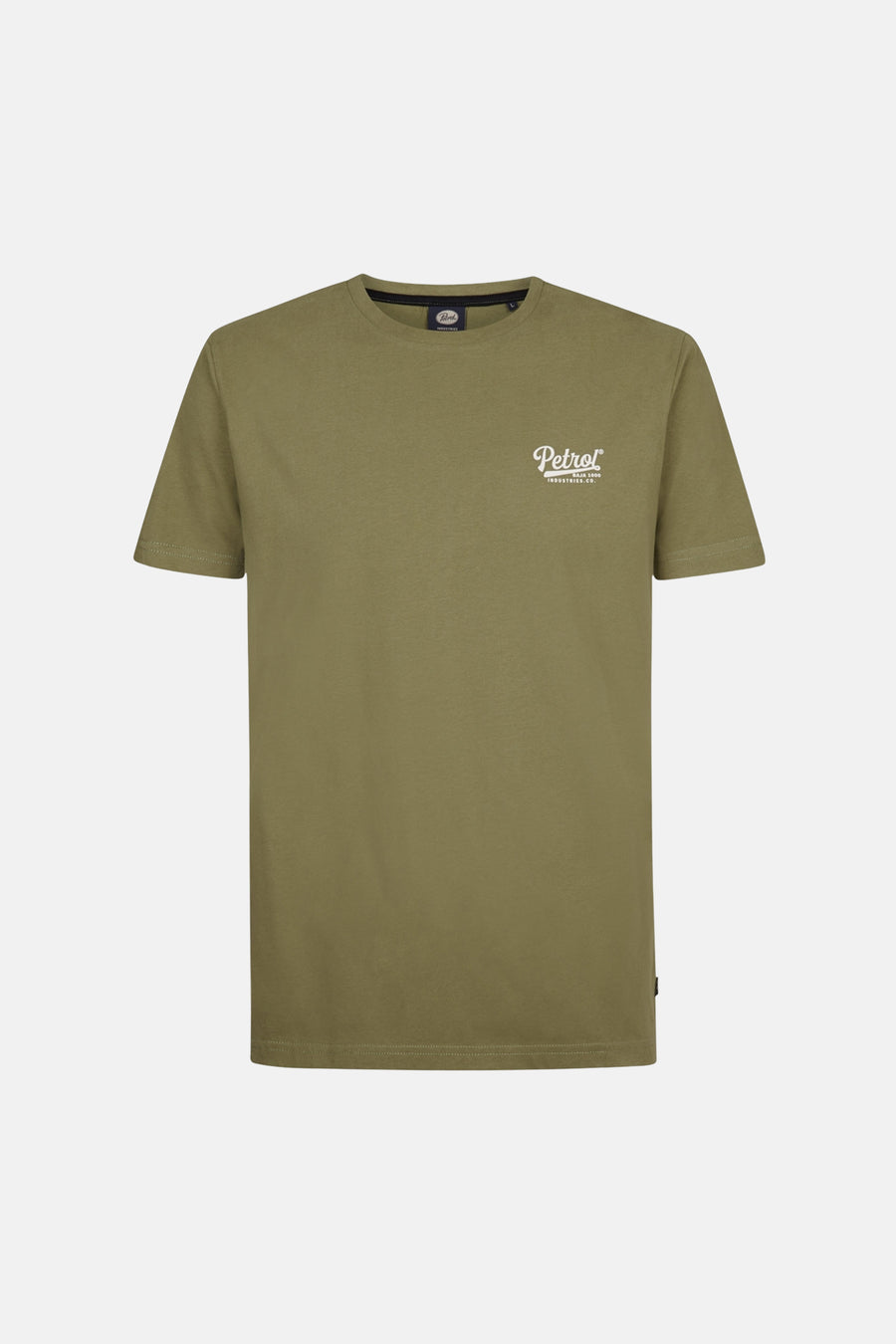 T-shirt vert avec manches courtes de Petrol Industries®, avec une impression de texte blanche sur la poitrine.
