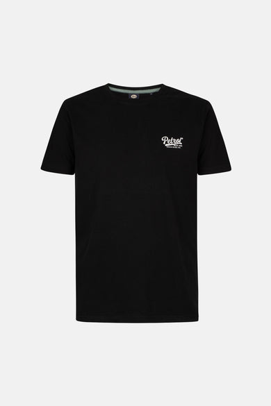 Zwart T-shirt van Petrol Industries met witte logo-opdruk op de borst, korte mouwen en ronde hals.