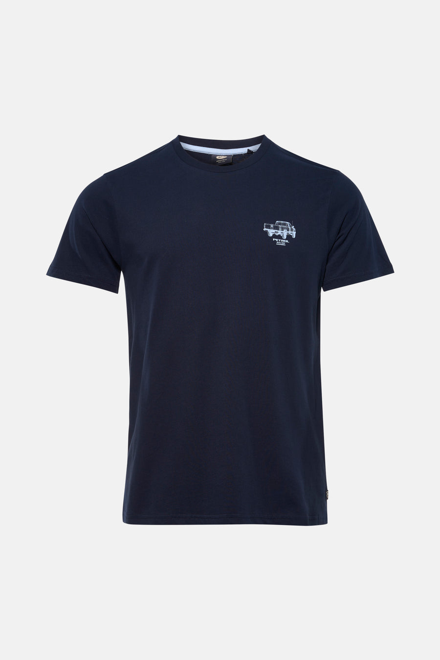 T-shirt bleu à manches courtes de Petrol Industries, avec un petit imprimé sur la poitrine.