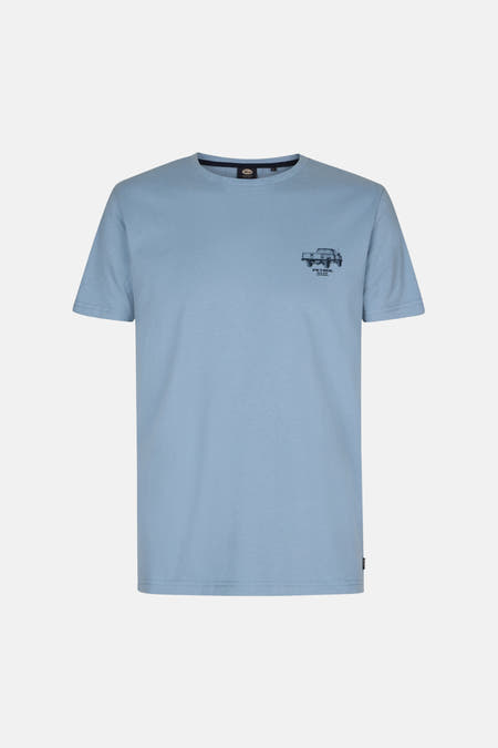 T-shirt bleu à manches courtes de Petrol Industries avec une petite impression de camion sur la poitrine.