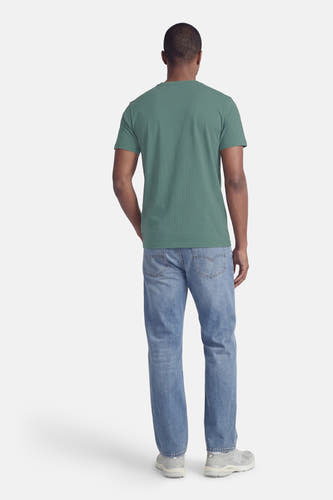 Groen T-shirt met korte mouwen van Petrol Industries, gezien van achteren, gecombineerd met blauwe spijkerbroek en grijze sneakers.