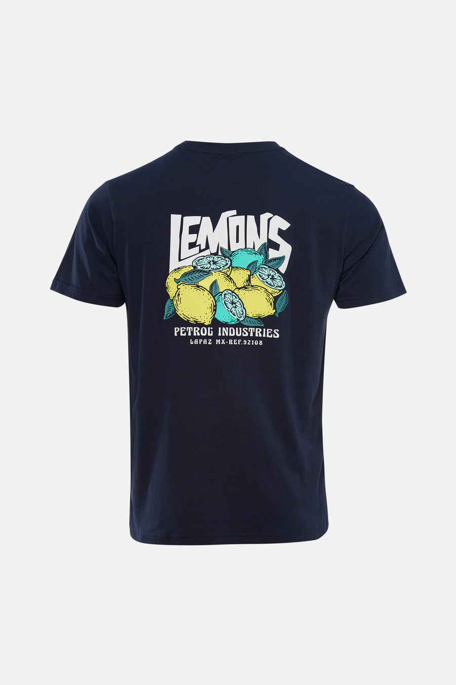 Blauw T-shirt met korte mouwen van Petrol Industries, met citroenprint op de rug.
