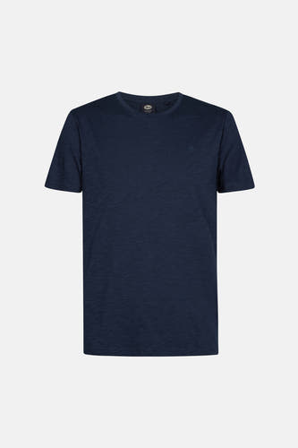 Blauw T-shirt met korte mouwen van Petrol Industries, met gemêleerde textuur en klein logo op de borst.
