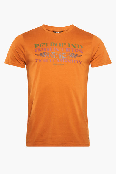T-shirt à manches courtes brun de Petrol Industries® avec logo vintage, ailes et texte « Zero Emission », vue de face
