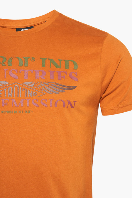 T-shirt à manches courtes gris bruine de Petrol Industries® avec logo coloré et imprimé d'ailes, gros plan sur le devant