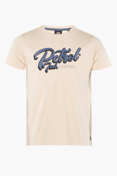 Ecru korte mouw T-shirt van Petrol Industries® met blauwe logo print en koorddetail aan kraag, front view