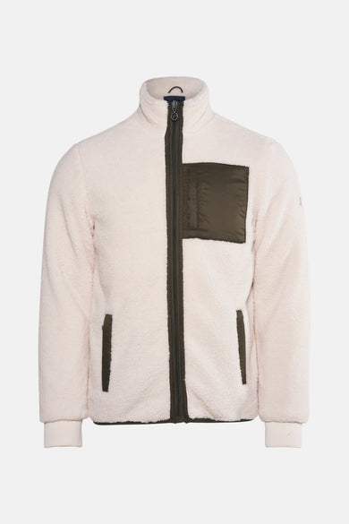 Ecru kleurige korte jas van Petrol Industries, met een fleece textuur, rits en groene accenten.
