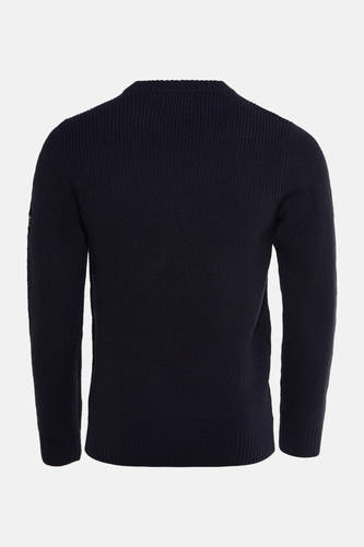 T-shirt bleu avec col rond de Petrol Industries®, en tissu côtelé et longues manches, vu par derrière.