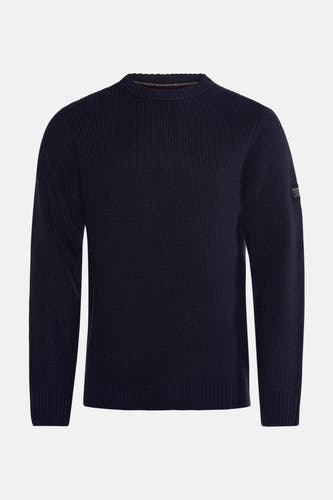 T-shirt bleu avec col rond de Petrol Industries®, en texture côtelée et petit étiquette de marque sur la manche.