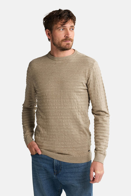 Beige trui met ronde hals van Petrol Industries®, gestreept en gedragen met een jeans.
