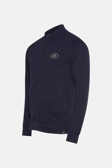 Gilet bleu de Petrol Industries avec une fermeture éclair et un imprimé sur la poitrine.