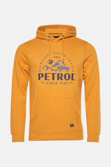 Gilet jaune avec capuche de Petrol Industries®, imprimé graphique bleu et cordon de serrage.
