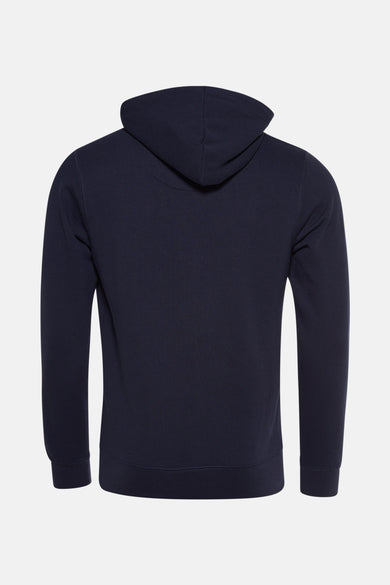 Blauwe sweater met kap van Petrol Industries, achterkant getoond, effen stof.