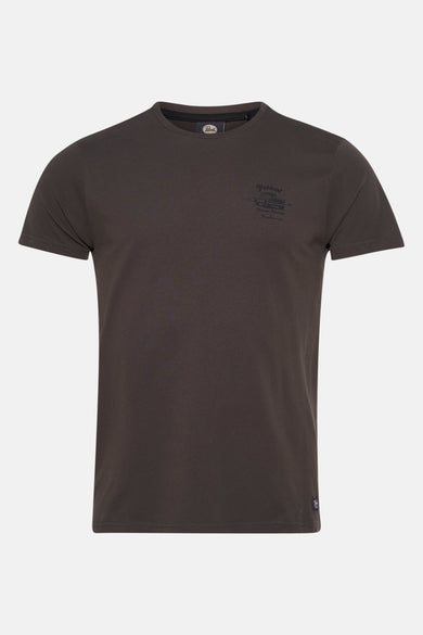 T-shirt gris à manches courtes de Petrol Industries avec petit logo sur la poitrine.