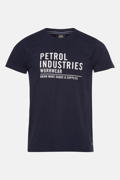 Blauw T-shirt met korte mouwen van Petrol Industries, met witte opdruk van tekst op de voorkant.