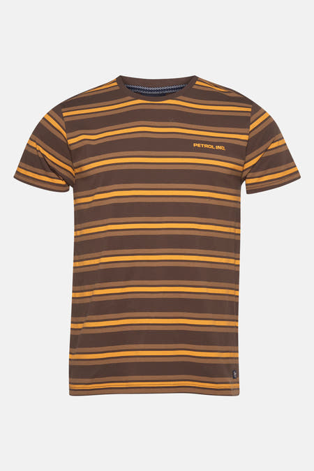 Bruin T-shirt met korte mouwen van Petrol Industries, met gestreept patroon in bruin en geel.