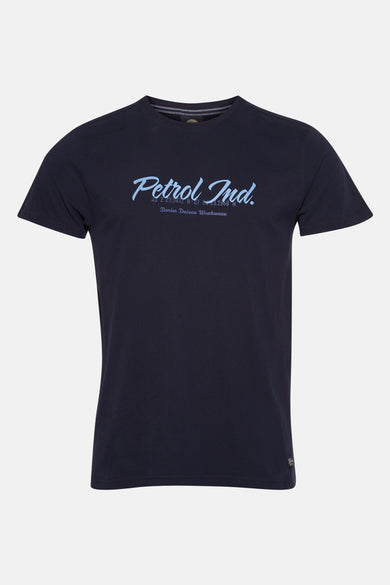 Blauw T-shirt met korte mouwen van Petrol Industries, met een lichte merknaamprint op de borst.
