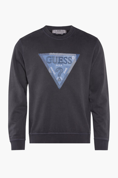 Grijze sweater van Guess met blauw driehoekig logo op de voorkant.
