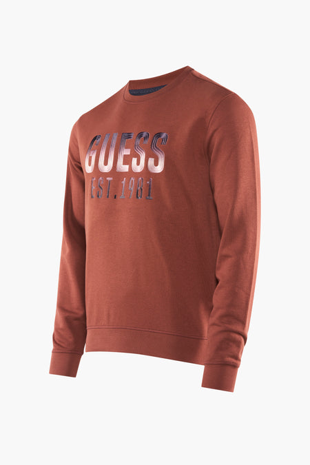 Bruine sweater van Guess met donker gekleurde merkopdruk "Guess Est. 1981" op de borst.