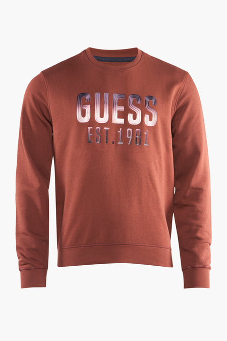 Bruine sweater van Guess met een grote, vervaagde "GUESS EST.1981" tekst op de voorkant.