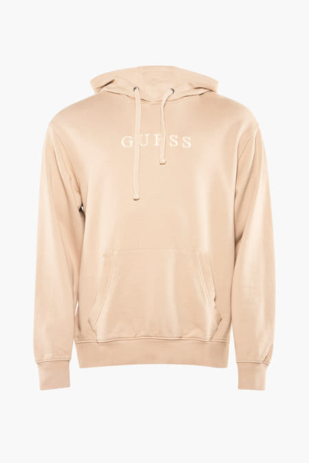 Ecru sweater met capuchon van Guess, met witte logo-opdruk en buidelzak.