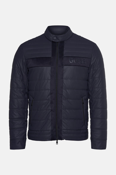 Blauwe korte jas van Guess met doorgestikte details en logo-opdruk.
