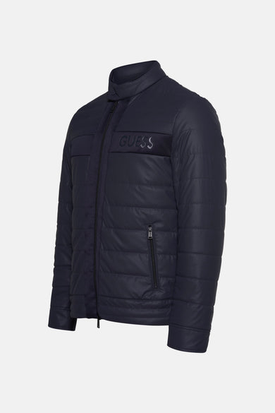 Blauwe korte jas van Guess met een gewatteerd ontwerp en ritssluiting.