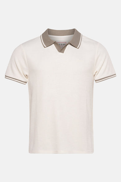 Beige polo met korte mouwen van Guess, met gestreepte kraag en mouwboorden.
