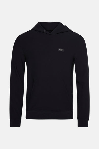 Gilet noir avec capuche de Guess, doté d'un petit logo et d'une poche kangourou.