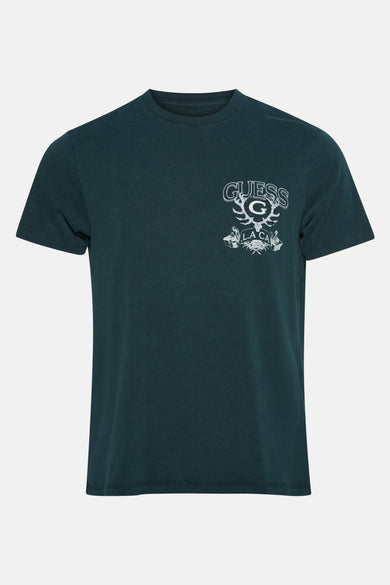 Groen T-shirt met korte mouwen van Guess, met logo op de borst.
