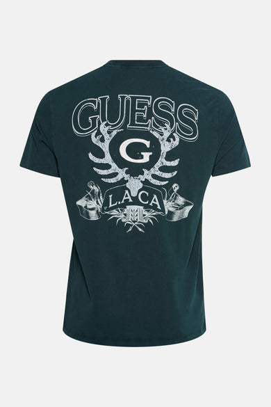 Groen T-shirt met korte mouwen van Guess, met een vintage grafische print op de rug.
